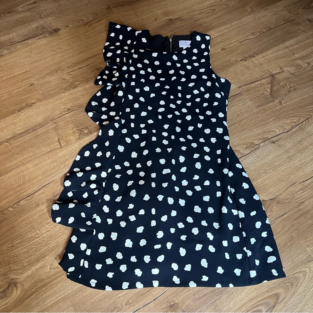 Julie Brown Black & White Polka Dot Asymmetrical Ruffle Dress Flirty Feminine